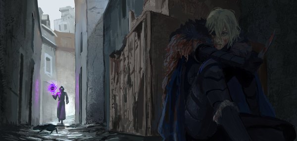 Anime picture 1687x800 with fire emblem fire emblem: three houses nintendo dimitri alexandre blaiddyd redaster8 fringe short hair blue eyes blonde hair hair between eyes wide image sitting looking away blood on face injury bloody weapon ambiguous gender hiding boy animal