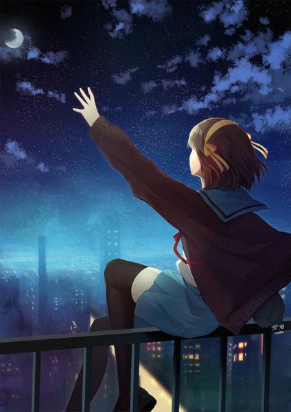 Anime picture 1012x1433 with suzumiya haruhi no yuutsu kyoto animation suzumiya haruhi cacao (chocolat) single tall image short hair brown hair sitting signed cloud (clouds) bent knee (knees) outdoors pleated skirt arm up night open jacket night sky outstretched arm city