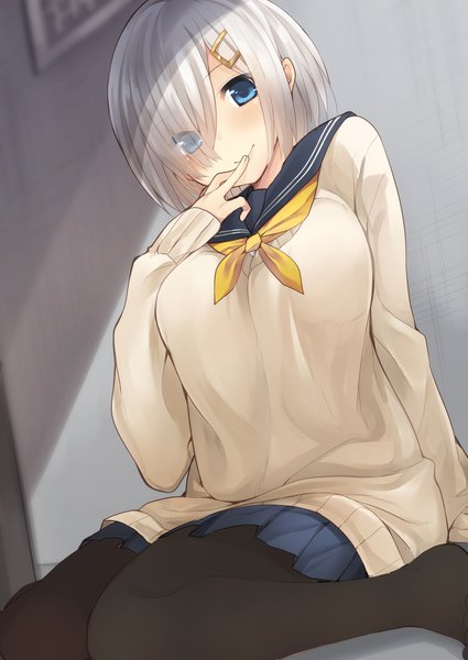 Anime picture 1417x2000 with kantai collection hamakaze destroyer nigo (aozoragarou) single tall image looking at viewer blush fringe short hair breasts blue eyes smile sitting silver hair hair over one eye shadow finger to mouth wariza girl skirt