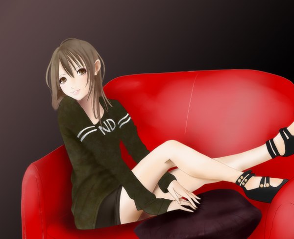Anime picture 1334x1086 with original kentaurosu single long hair brown hair brown eyes legs dark background girl shoes sweater couch