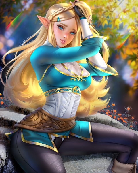 Anime picture 5600x7000 with the legend of zelda the legend of zelda: breath of the wild nintendo princess zelda ayyasap single long hair tall image looking at viewer blush fringe highres breasts blue eyes blonde hair large breasts sitting signed payot absurdres