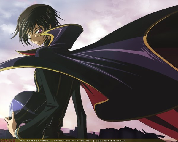 Anime picture 1280x1024 with code geass sunrise (studio) lelouch lamperouge ningen (nattoli) kimura takahiro single looking at viewer short hair smile brown hair purple eyes signed sky cloud (clouds) looking back from behind wallpaper evening sunset third-party edit