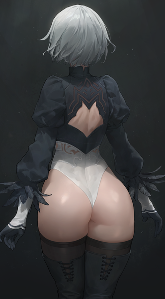 Anime picture 2280x4115 with nier nier:automata yorha no. 2 type b free style (yohan1754) single tall image highres short hair light erotic simple background standing silver hair ass from behind puffy sleeves shiny skin black background girl thighhighs gloves