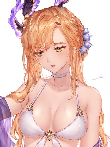 Anime picture 1500x2000 with granblue fantasy song (granblue fantasy) michudx (michudayo) single long hair tall image blush fringe breasts light erotic simple background hair between eyes large breasts white background bare shoulders signed yellow eyes looking away cleavage upper body