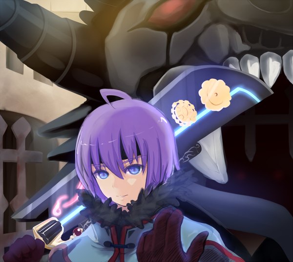 Anime picture 1015x908 with latale judgement (latale) zi-shot (artist) single looking at viewer fringe short hair blue eyes purple hair ahoge boy gloves weapon sword fur clothes