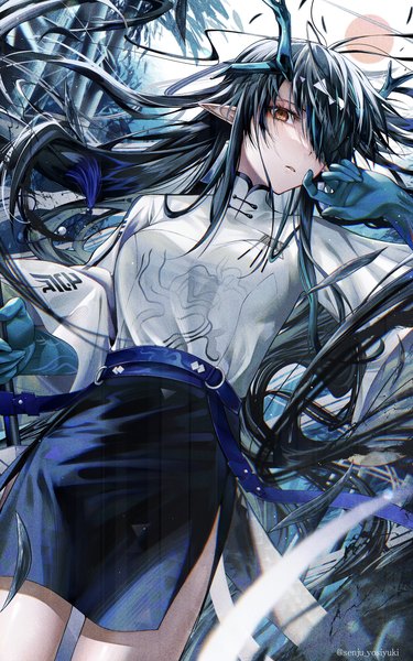 Anime picture 1978x3165 with arknights ambience synesthesia dusk (arknights) senju yosiyuki single long hair tall image looking at viewer fringe highres black hair red eyes signed traditional clothes horn (horns) pointy ears hair over one eye twitter username official alternate costume chinese clothes