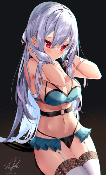 Anime picture 2480x4093 with original sinobi illust single long hair tall image looking at viewer blush fringe highres breasts light erotic simple background hair between eyes red eyes sitting bare shoulders signed payot cleavage silver hair