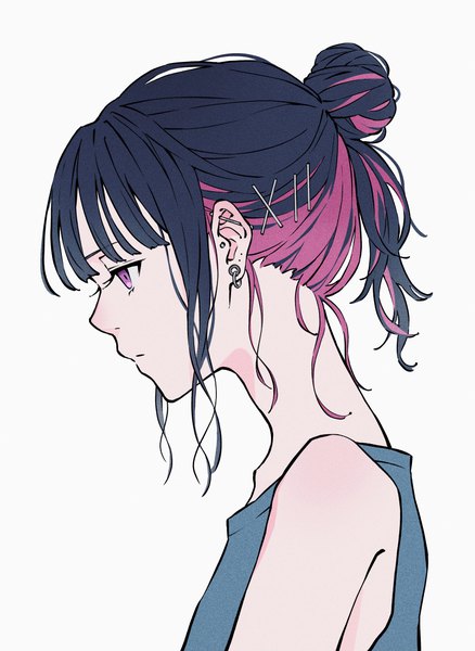 Anime picture 2676x3665 with original mele ck single long hair tall image fringe highres black hair simple background white background payot pink hair upper body blunt bangs profile pink eyes multicolored hair two-tone hair hair bun (hair buns) piercing