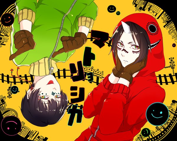 Anime picture 1280x1024 with hoozuki no reitetsu wit studio matryoshka (vocaloid) hoozuki (hoozuki no reitetsu) hakutaku (hoozuki no reitetsu) pray pxv looking at viewer fringe short hair black hair horn (horns) multiple boys alternate costume happy cosplay serious hand on face upside down multicolored eyes face paint