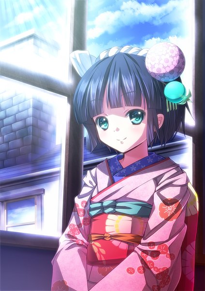 Anime picture 706x1000 with ikoku meiro no croisee satelight yune (ikoku meiro no croisee) ryosios single tall image looking at viewer short hair blue eyes black hair smile traditional clothes japanese clothes loli girl hair ornament window kimono obi