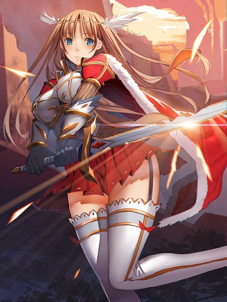 Anime picture 800x1066 with original joeian (artist) single tall image looking at viewer blue eyes brown hair girl thighhighs dress weapon sword armor striped thighhighs