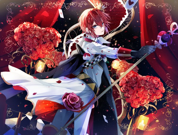 Anime picture 2000x1525 with twisted wonderland riddle rosehearts asrhion single fringe highres short hair blue eyes hair between eyes red hair outstretched arm checkered boy gloves flower (flowers) petals black gloves rose (roses) curtains suit