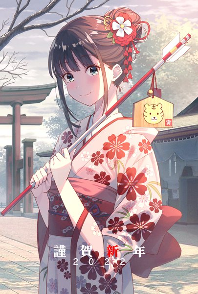 Anime picture 1600x2368 with original koh rd single tall image looking at viewer blush fringe short hair blue eyes black hair smile holding payot sky outdoors blunt bangs traditional clothes japanese clothes wide sleeves hair bun (hair buns)