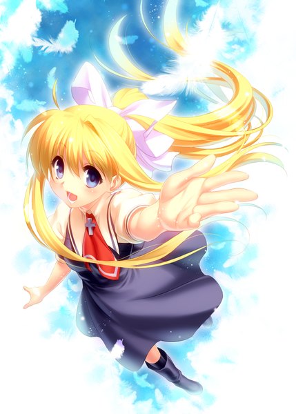 Anime picture 1500x2099 with air key (studio) kamio misuzu zen (kamuro) single long hair tall image looking at viewer blush open mouth blue eyes blonde hair ponytail girl uniform ribbon (ribbons) hair ribbon school uniform wings boots