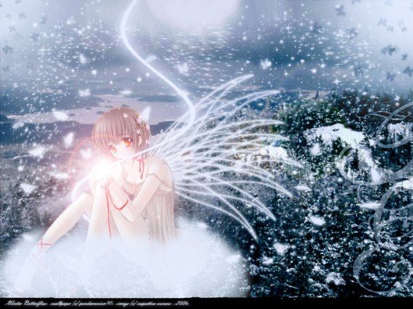 Anime picture 1280x960 with original carnelian single short hair red eyes brown hair sky cloud (clouds) wind wallpaper snowing winter snow girl dress flower (flowers) ribbon (ribbons) wings tree (trees) insect