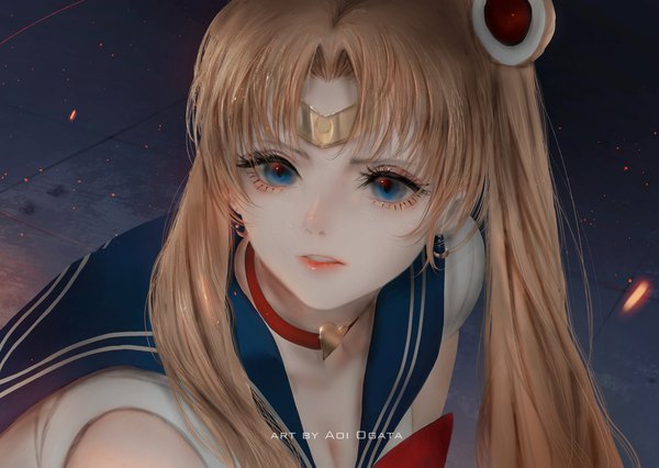Anime picture 2217x1577 with bishoujo senshi sailor moon toei animation tsukino usagi sailor moon aoi ogata single long hair fringe highres breasts blue eyes blonde hair twintails signed payot looking away cleavage parted lips hair bun (hair buns) sailor collar