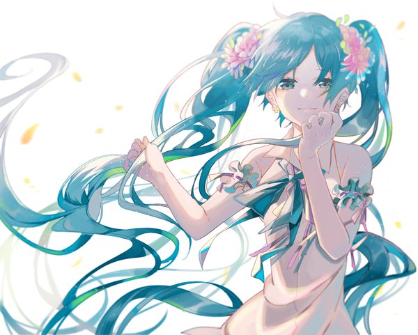 Anime picture 960x771 with vocaloid hatsune miku omutatsu single looking at viewer blush simple background smile white background twintails bare shoulders upper body ahoge very long hair hair flower aqua eyes wind aqua hair girl flower (flowers)