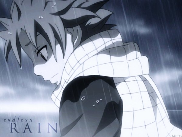 Anime picture 1024x768 with fairy tail natsu dragneel single short hair looking away black eyes wet text looking down monochrome rain english sad boy scarf