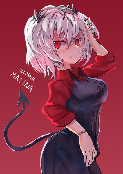 Anime picture 1000x1414 with helltaker malina (helltaker) mg42cat-k1ng single tall image looking at viewer fringe short hair simple background hair between eyes red eyes silver hair tail horn (horns) copyright name character names demon girl hand on head red background demon tail