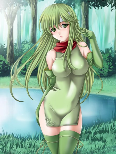 Anime picture 1200x1600 with fire emblem fire emblem: mystery of the emblem nintendo paola tamamon single long hair tall image light erotic green eyes green hair girl gloves plant (plants) tree (trees) water elbow gloves grass