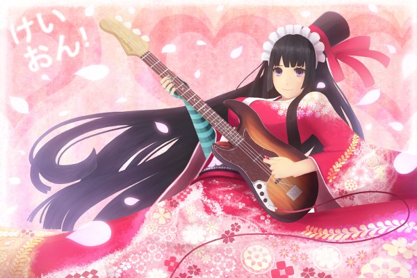 Anime picture 1200x800 with k-on! kyoto animation akiyama mio bounin single long hair looking at viewer black hair purple eyes japanese clothes girl hat petals headdress guitar