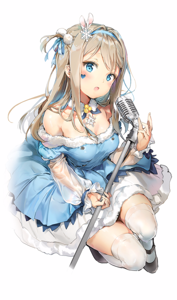 Anime picture 1104x1868 with girls frontline suomi kp31 (girls frontline) anmi single long hair tall image looking at viewer blush fringe breasts open mouth blue eyes simple background brown hair white background bare shoulders holding cleavage full body head tilt