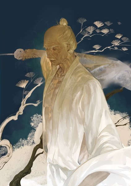 Anime picture 1448x2048 with sekiro: shadows die twice from software isshin ashina mantangfeng single tall image short hair standing holding white hair eyes closed traditional clothes japanese clothes outstretched arm old man boy weapon sword katana branch