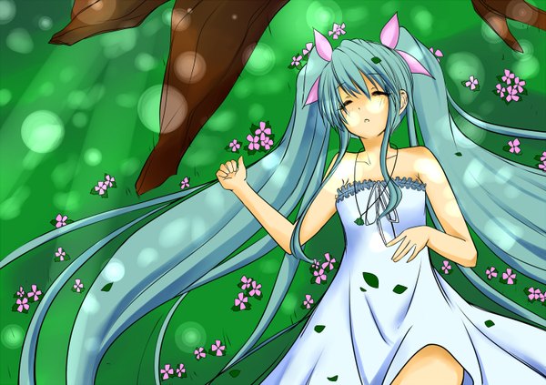Anime picture 1500x1058 with vocaloid hatsune miku myui sizune (artist) twintails bare shoulders lying very long hair aqua hair sleeping girl flower (flowers) plant (plants) tree (trees) sundress