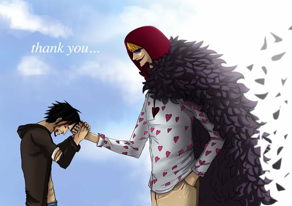 Anime picture 1024x724 with one piece toei animation trafalgar law donquixote rocinante fringe black hair blonde hair smile standing sky cloud (clouds) eyes closed head tilt profile light smile open clothes open jacket multiple boys holding hands hand in pocket