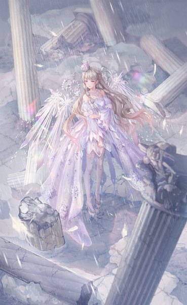 Anime picture 1080x1754 with shining nikki criin single long hair tall image fringe blonde hair standing purple eyes bare shoulders payot looking away full body blunt bangs from above blurry wide sleeves official art high heels puffy sleeves