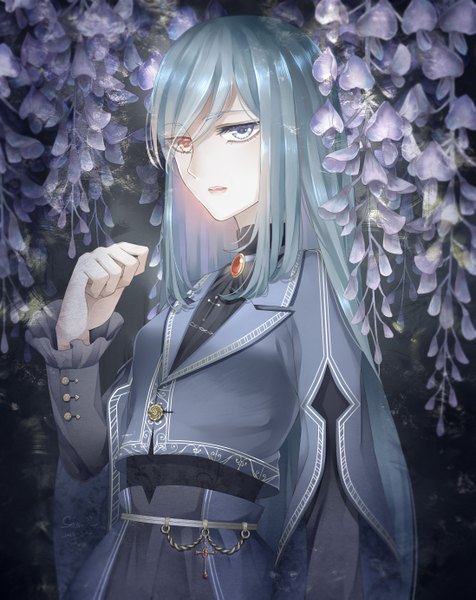 Anime picture 2193x2762 with original pixiv fantasia pixiv fantasia fallen kings stari single long hair tall image looking at viewer highres blue hair heterochromia girl dress flower (flowers) wisteria