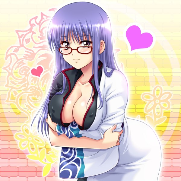 Anime picture 1280x1280 with gintama sunrise (studio) sakata gintoki sarutobi ayame single long hair breasts light erotic smile large breasts brown eyes blue hair open clothes open shirt genderswap girl glasses heart