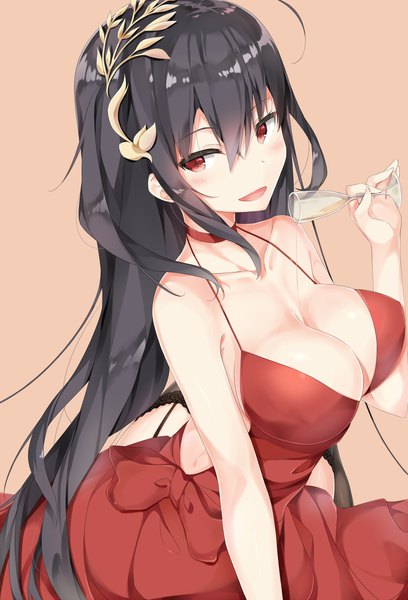 Anime picture 1280x1880 with azur lane taihou (azur lane) taihou (forbidden feast) (azur lane) 7gao single long hair tall image looking at viewer blush fringe breasts open mouth light erotic black hair simple background smile hair between eyes red eyes large breasts sitting