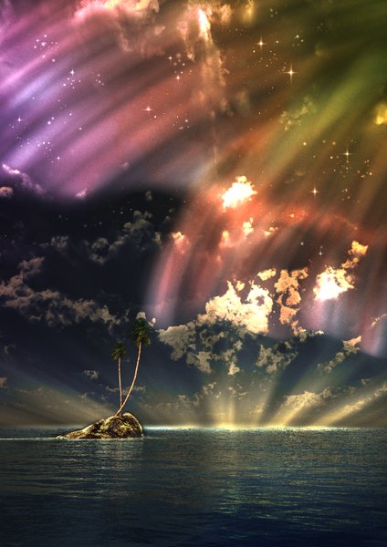 Аниме картинка 1018x1440 с оригинальное изображение y-k высокое изображение небо облако (облака) горизонт пейзаж северное сияние растение (растения) дерево (деревья) море пальма остров