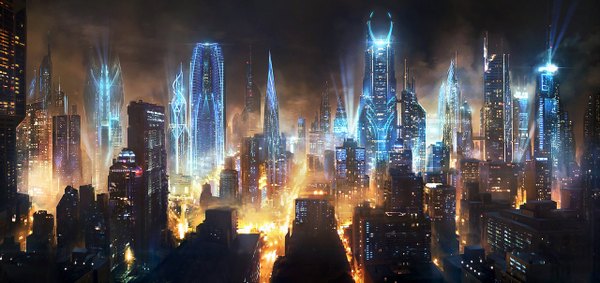 Anime picture 1280x605 with original jonas de ro (jenovah-art) wide image night city glowing cityscape city lights building (buildings)