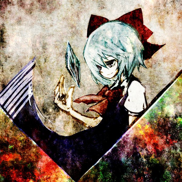 Anime picture 1000x1000 with touhou cirno akasia single short hair smile aqua hair silver eyes girl bow hair bow crystal