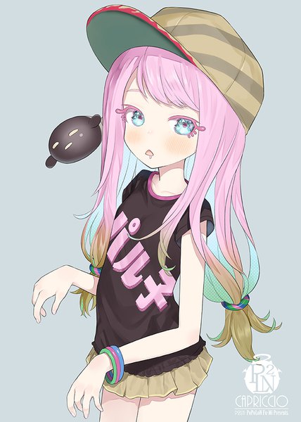 Anime picture 713x1000 with splatoon splatoon 3 nintendo harmony (splatoon) harmony's clownfish (splatoon) capriccio single long hair tall image looking at viewer blush fringe blue eyes simple background twintails signed pink hair pleated skirt multicolored hair grey background