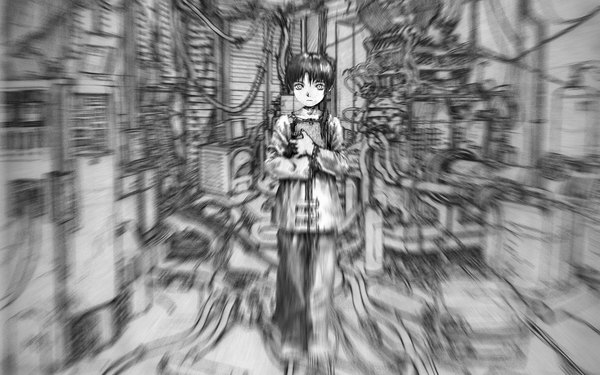 Anime picture 1920x1200 with serial experiments lain iwakura lain single looking at viewer highres short hair standing holding monochrome girl wire (wires) computer