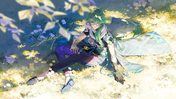 Anime picture 5760x3240 with genshin impact baizhu (genshin impact) changsheng (genshin impact) rafaelaaa single long hair highres wide image absurdres full body outdoors green hair from above watermark sample watermark boy flower (flowers) animal glasses single glove