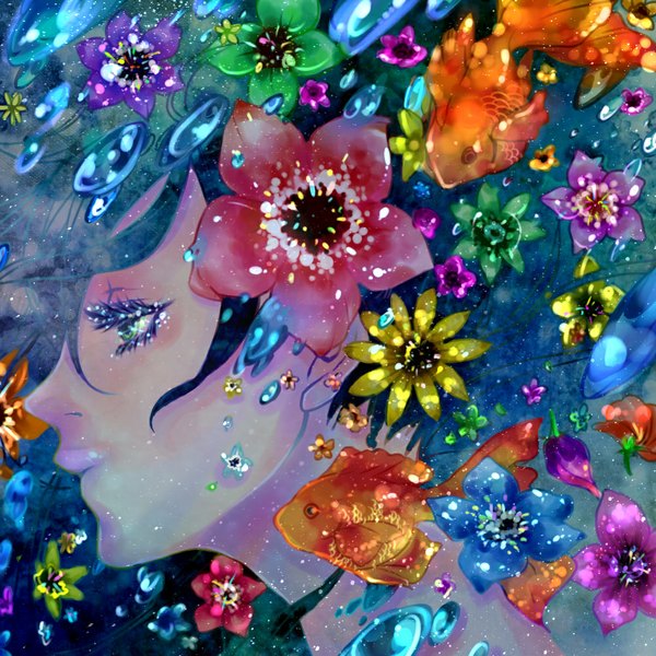 Anime picture 1000x1000 with original hal (suck it) single long hair green eyes blue hair profile face underwater girl flower (flowers) water bubble (bubbles) fish (fishes) goldfish