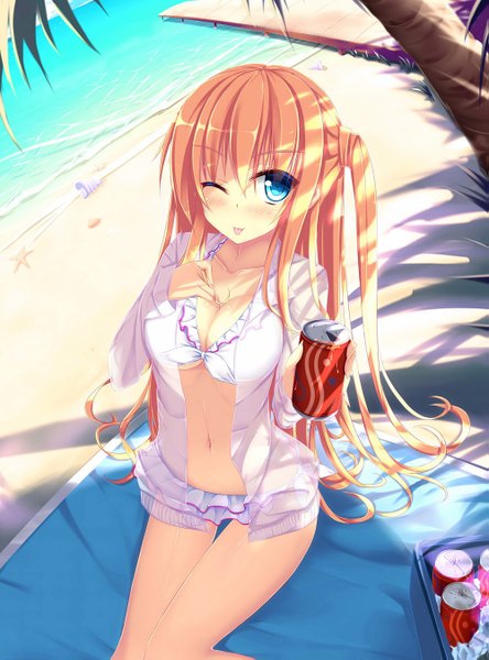 Anime picture 999x1347 with original angel koman single long hair tall image looking at viewer blush breasts blue eyes light erotic blonde hair one eye closed wink open clothes open shirt beach girl navel swimsuit plant (plants)