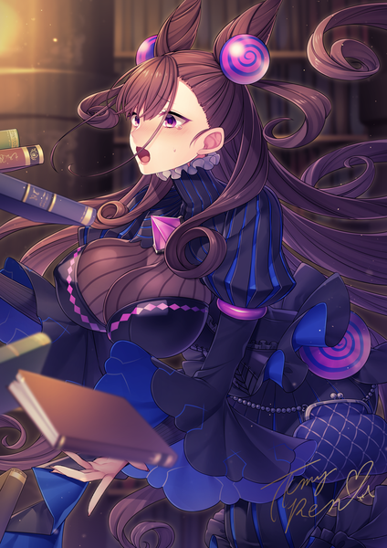 Anime picture 2894x4093 with fate (series) fate/grand order murasaki shikibu (fate) takamiya ren single tall image blush fringe highres breasts open mouth light erotic brown hair large breasts purple eyes signed looking away very long hair hair bun (hair buns) two side up
