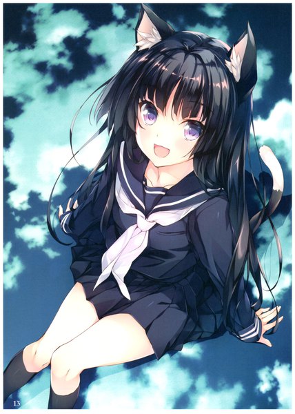 Anime picture 1542x2160 with original amami mikihiro single long hair tall image looking at viewer blush fringe open mouth black hair smile sitting purple eyes animal ears sky cloud (clouds) tail blunt bangs long sleeves :d