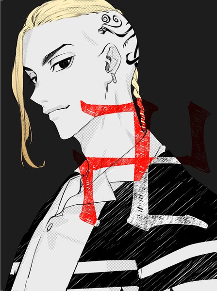 Anime picture 1732x2325 with tokyo revengers ryuuguuji ken yun tai single long hair tall image looking at viewer highres simple background blonde hair upper body braid (braids) tattoo piercing single braid black background monochrome portrait ear piercing partially colored