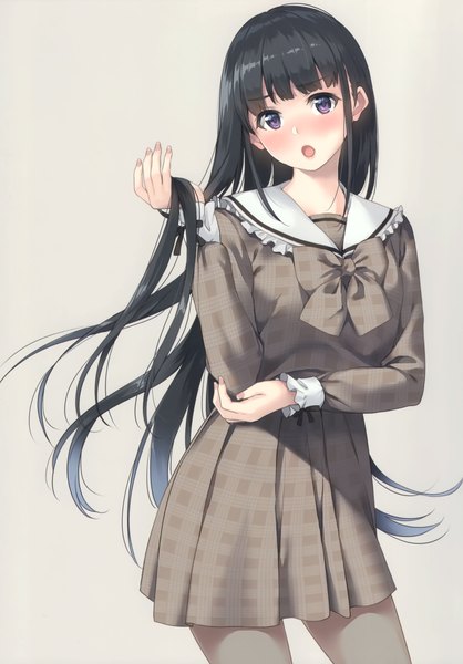 Anime picture 2097x3011 with original unasaka ryou single long hair tall image looking at viewer blush fringe highres open mouth black hair simple background standing purple eyes payot blunt bangs long sleeves head tilt pleated skirt fingernails