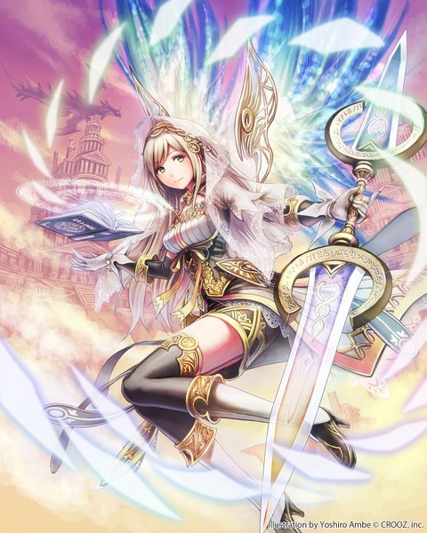 Anime picture 1279x1600 with shinma x keishou! ragnabreak original anbe yoshirou single long hair tall image looking at viewer blonde hair yellow eyes girl thighhighs dress gloves hair ornament weapon black thighhighs sword wings elbow gloves boots