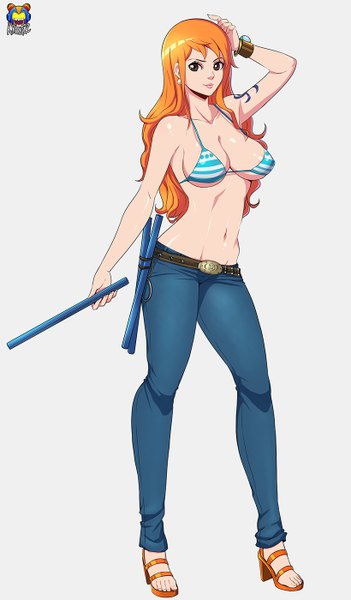 Anime picture 819x1400 with one piece toei animation nami (one piece) kyoffie12 single long hair tall image fringe breasts light erotic simple background blonde hair large breasts brown eyes lips grey background tattoo girl navel earrings