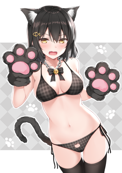 Anime picture 752x1062 with original karutamo single tall image looking at viewer fringe short hair breasts open mouth light erotic black hair hair between eyes bare shoulders animal ears yellow eyes payot cleavage tail animal tail cat ears