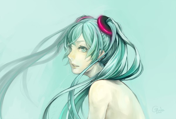 Anime picture 1000x678 with vocaloid hatsune miku gunni single looking at viewer smile twintails very long hair aqua eyes aqua hair back pale skin girl