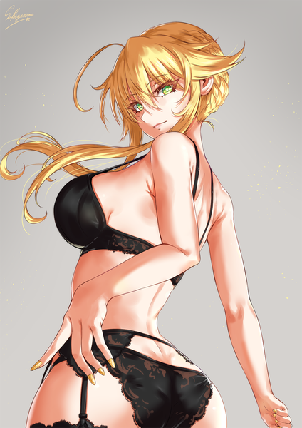 Anime picture 1000x1414 with fate (series) fate/grand order artoria pendragon (all) artoria pendragon (lancer) sakiyamama single tall image looking at viewer blush fringe short hair breasts light erotic simple background blonde hair hair between eyes large breasts bare shoulders green eyes signed